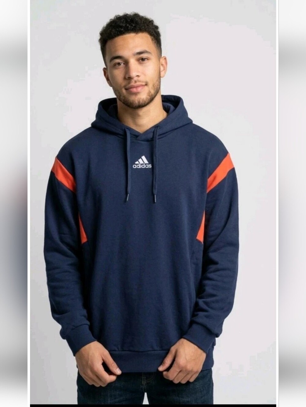 Adidas Hoodie Men’s Large Navy Blue W/ Red Accent Pullover Sweatshirt Logo